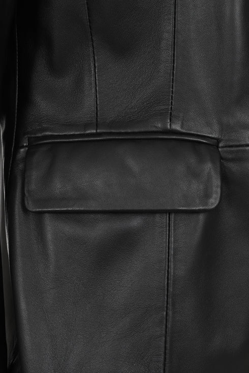 Luxe black Nappa leather blazer jacket for women, hip length, featuring a stylish design by LLD Original.