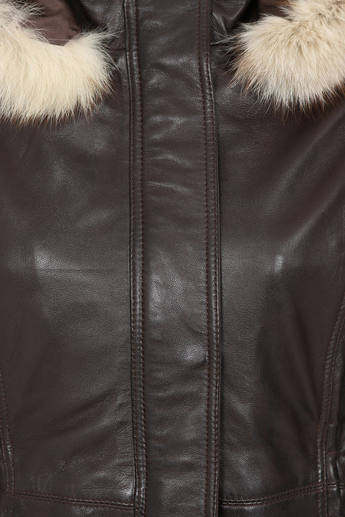 Brown genuine leather coat with detachable fur hood, 32-inch length, by LLD Original, available in sizes 8, 10, 12.