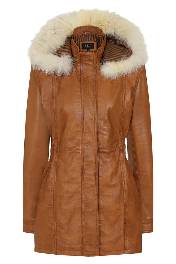 Tan lamb nappa leather coat with detachable fur hood by LLD Original, 32-inch length