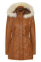 Tan lamb nappa leather coat with detachable fur hood by LLD Original, 32-inch length