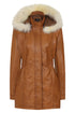 Tan lamb nappa leather coat with detachable fur hood by LLD Original, 32-inch length