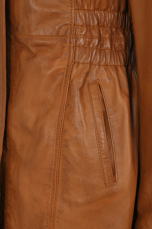 Tan lamb nappa leather coat with detachable fur hood from LLD Original, featuring a stylish collar and dual fastening.