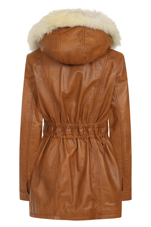 Tan lamb nappa leather coat with detachable fur hood by LLD Original, 32-inch length