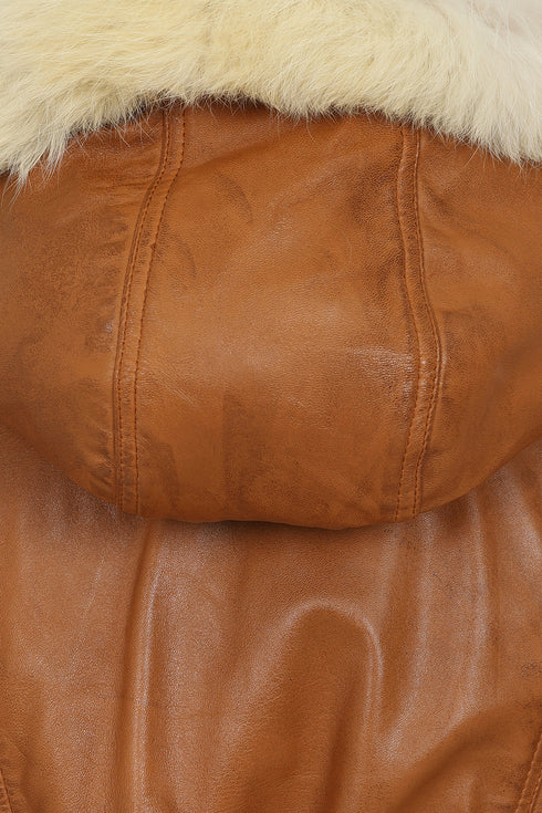Tan lamb nappa leather coat with detachable fur hood by LLD Original, featuring a collar and dual fastening
