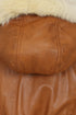 Tan lamb nappa leather coat with detachable fur hood by LLD Original, featuring a collar and dual fastening
