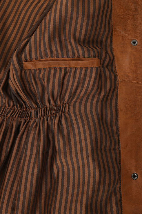 Tan lamb nappa leather coat with detachable fur hood and dual fastenings by LLD Original