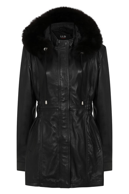 LLD Original black lamb nappa leather coat with detachable fur hood, 32-inch length, available in sizes 8, 10, 12.