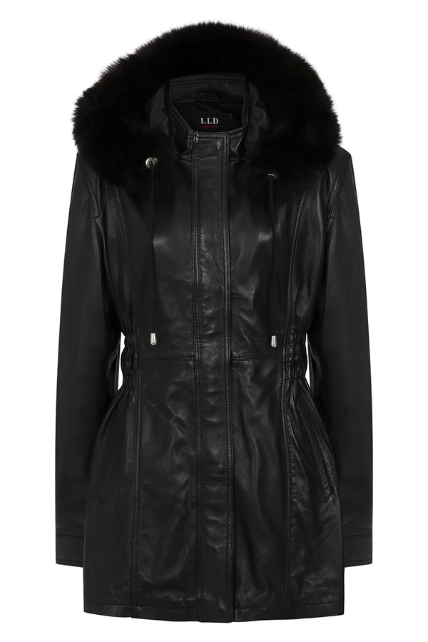 LLD Original black lamb nappa leather coat with detachable fur hood, 32-inch length, available in sizes 8, 10, 12.