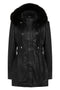 LLD Original black lamb nappa leather coat with detachable fur hood, 32-inch length, available in sizes 8, 10, 12.