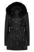 LLD Original black lamb nappa leather coat with detachable fur hood, 32-inch length, available in sizes 8, 10, 12.