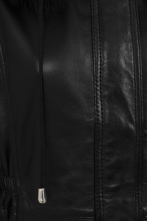 Black genuine lamb nappa leather coat with detachable fur hood, 32-inch length, by LLD Original.