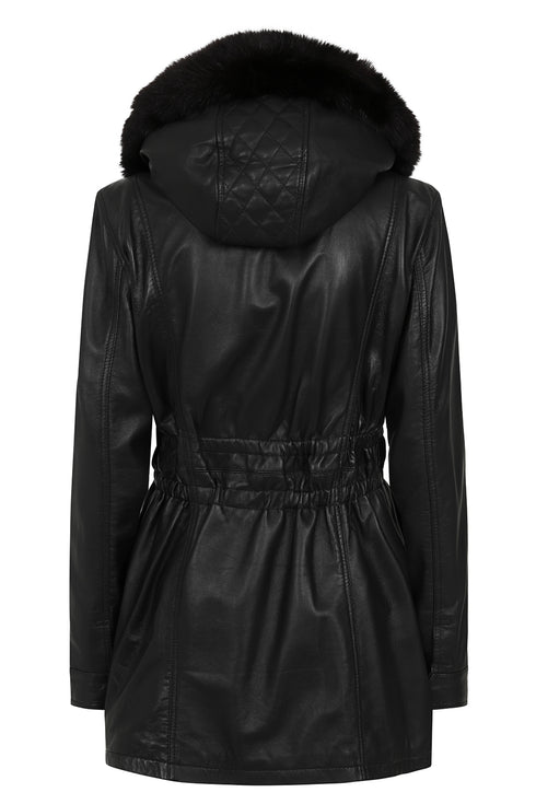 Black lamb nappa leather coat with detachable fur hood by LLD Original, 32-inch length, stylish collar detail.