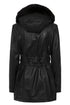 Black lamb nappa leather coat with detachable fur hood by LLD Original, 32-inch length, stylish collar detail.