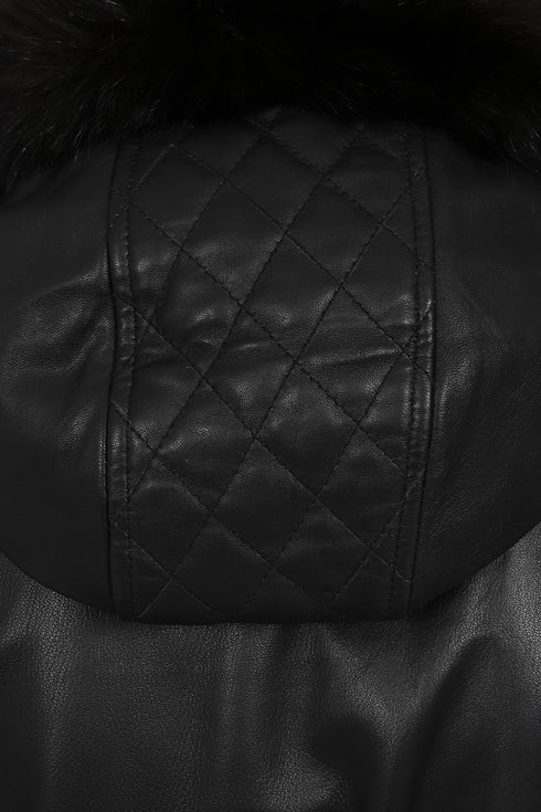 Black lamb nappa leather coat with detachable fur hood, 32-inch length, by LLD Original, available in sizes 8, 10, and 12.