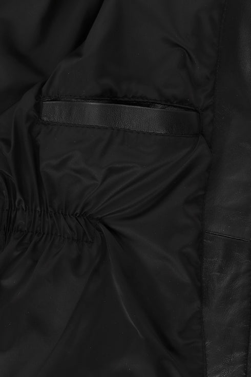 LLD Original black lamb nappa leather coat with detachable fur hood, 32-inch length, available in sizes 8, 10, 12