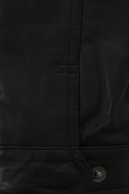 Black genuine lamb nappa leather coat with detachable fur hood, LLD Original, 32-inch length, available in sizes 8, 10, 12