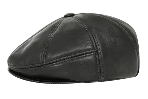 Genuine black nappa leather London flat cap by LLD Original, featuring a classic cabbie style.