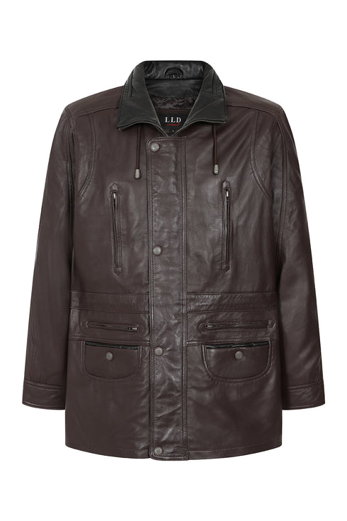 Men's classic brown genuine leather ¾ length coat by LLD Original, available in sizes S to 6XL