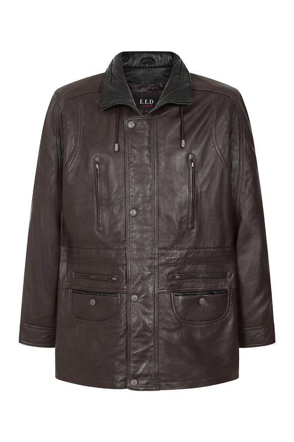 Men's classic brown genuine leather ¾ length coat by LLD Original, available in sizes S to 6XL
