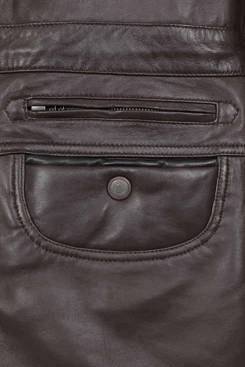 Men's classic brown genuine leather ¾ length coat by LLD Original, available in sizes 2XL to 6XL.