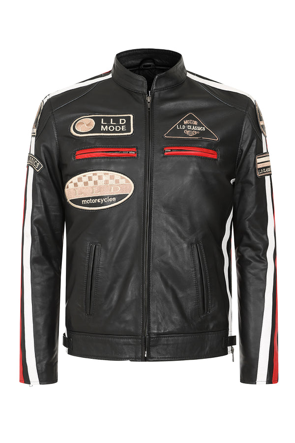 Men's black genuine leather racing jacket with stripes and badges, by LLD Original, available in multiple sizes.