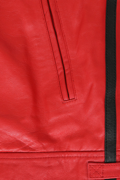 LLD Men's red genuine leather racing jacket with black stripes and badges, available in multiple sizes.