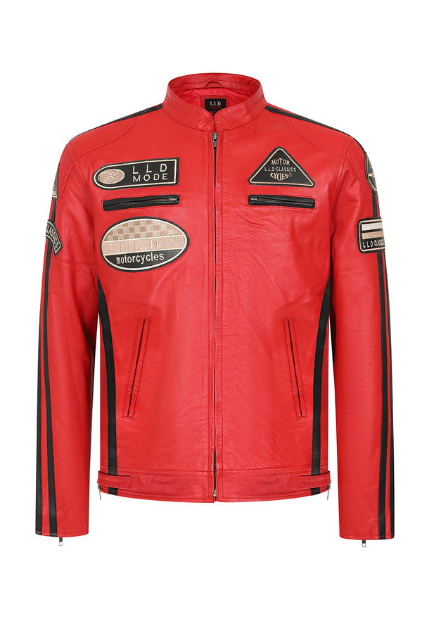LLD Men's red genuine leather racing jacket featuring black stripes and badges, available in sizes S to 4XL.