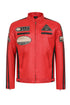 LLD Men's red genuine leather racing jacket featuring black stripes and badges, available in sizes S to 4XL.