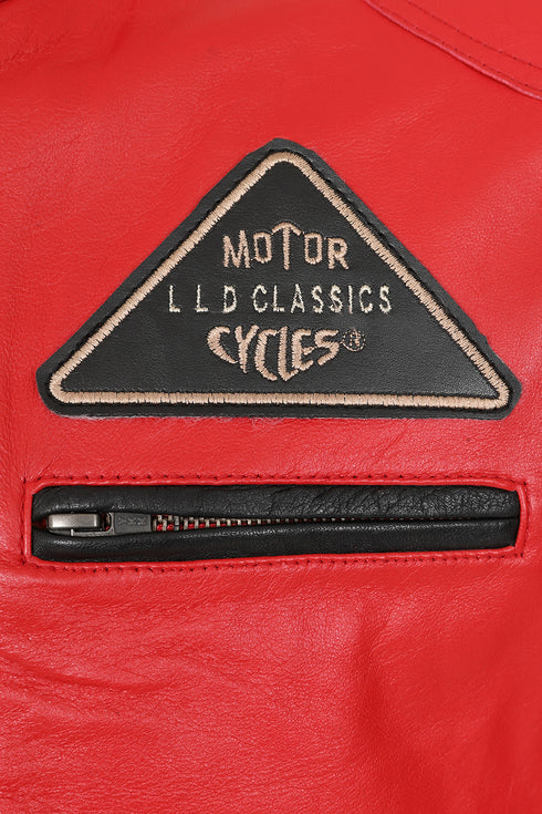 LLD Men's Red Genuine Leather Racing Jacket with Black Stripes