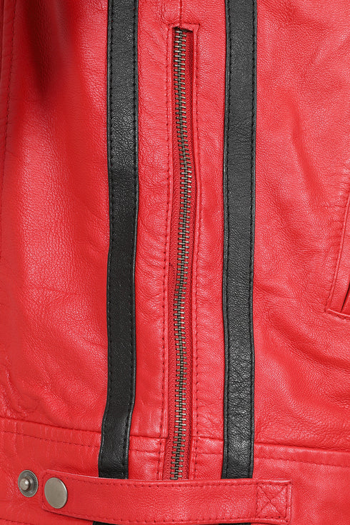 LLD Men's Red Genuine Leather Racing Jacket with Black Stripes