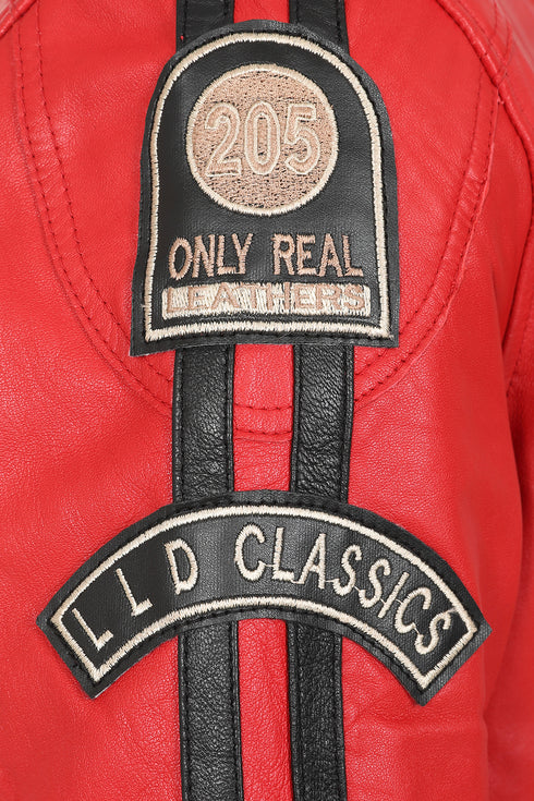 LLD Men's red genuine leather racing jacket with black stripes and badges, available in sizes 2XL to 4XL