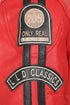 LLD Men's red genuine leather racing jacket with black stripes and badges, available in sizes 2XL to 4XL