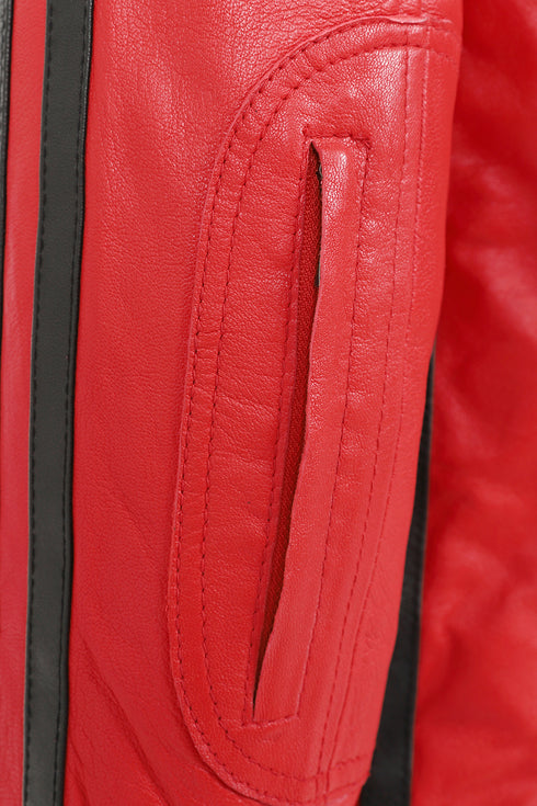 LLD Men's red genuine leather racing jacket with black stripes and badges, available in multiple sizes.