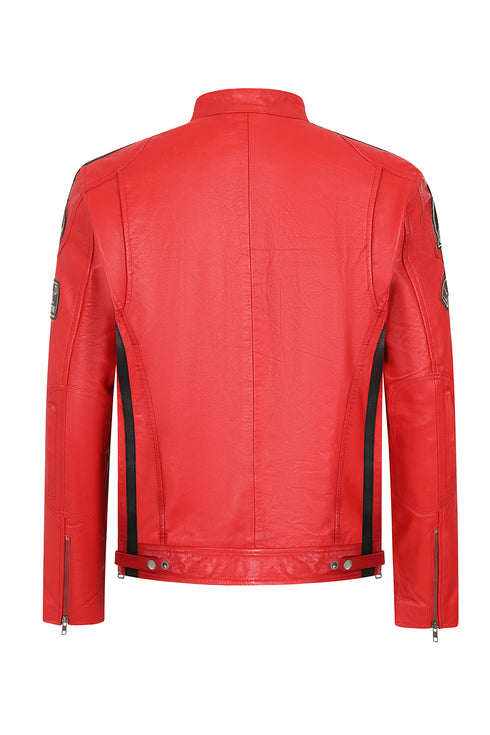 LLD Men's Red Genuine Leather Racing Jacket with Black Stripes