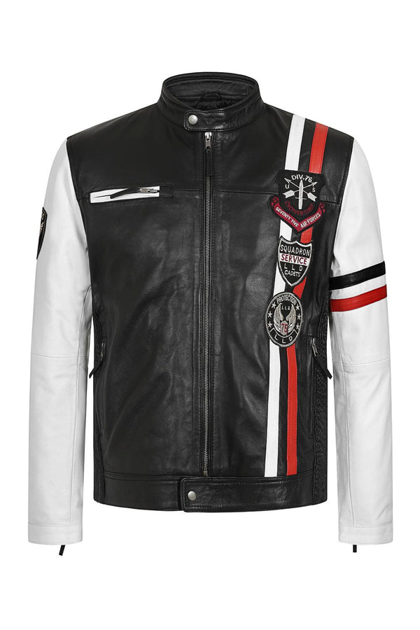 Men's Leather Black and White Biker Jacket - JOSEPH - London Leathers Direct