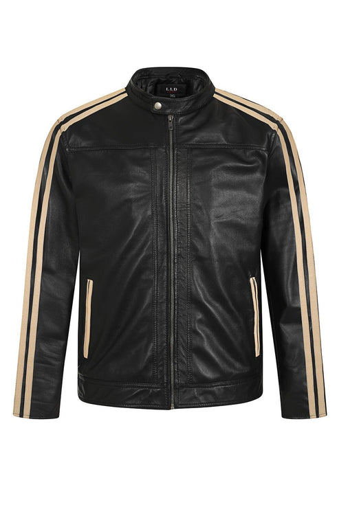 Men's Leather Racer Style Leather Jacket, Black With Cream Stripes - RIO - London Leathers Direct