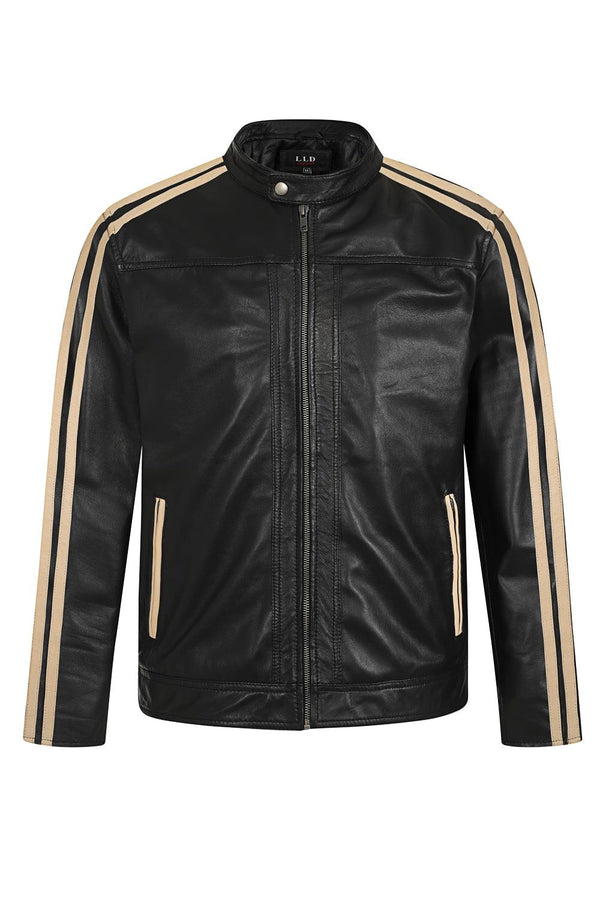 Men's Leather Racer Style Leather Jacket, Black With Cream Stripes - RIO - London Leathers Direct