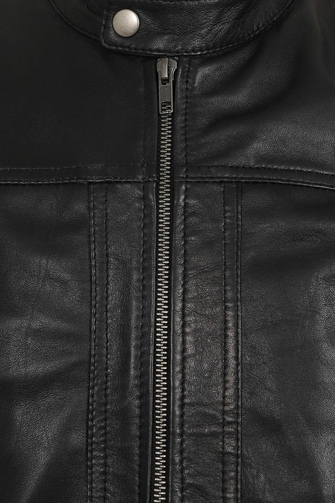 Men's Leather Racer Style Leather Jacket, Black With Cream Stripes - RIO - London Leathers Direct