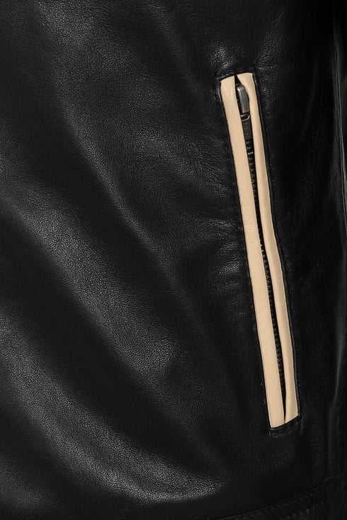 Men's Leather Racer Style Leather Jacket, Black With Cream Stripes - RIO - London Leathers Direct