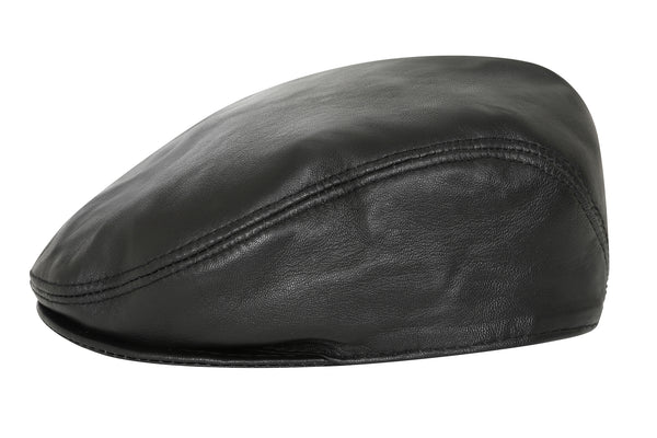 Genuine black lamb nappa leather flat cap by LLD Original, classic style, available in sizes S, L, and XL.