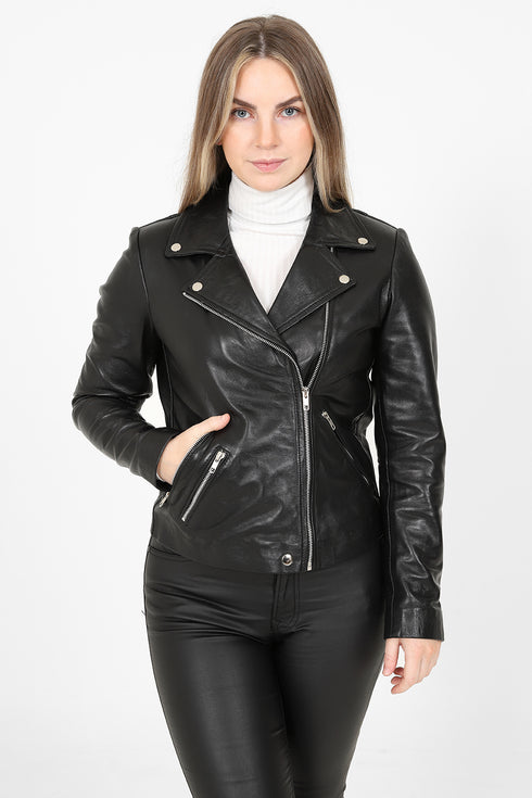 LLD Original black genuine nappa leather biker jacket with adjustable collar, available in sizes 8, 10, and 12.