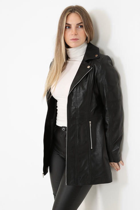 Women's black leather long biker jacket by LLD Original, available in sizes 8, 10, 12, featuring classic biker style.