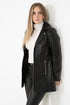 Women's black leather long biker jacket by LLD Original, available in sizes 8, 10, 12, featuring classic biker style.