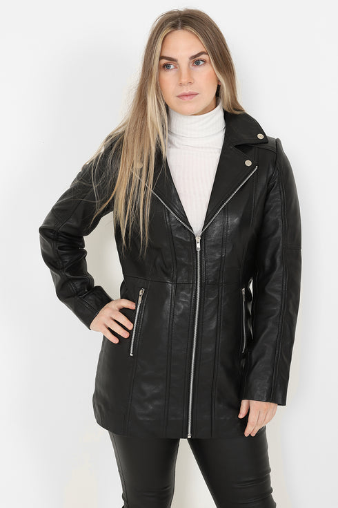 Women's black leather long biker jacket - LINDA, featuring a stylish design and available in sizes 8-18