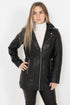 Women's black leather long biker jacket - LINDA, featuring a stylish design and available in sizes 8-18