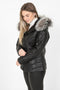 Women's black quilted leather coat with fur hood, hip length, by LLD Original, available in sizes 8, 10, 12.