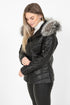 Women's black quilted leather coat with fur hood, hip length, by LLD Original, available in sizes 8, 10, 12.