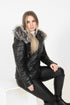 Women's Quilted Black Leather Coat Fur Hood - Warm Nappa AMBER-AKTUS