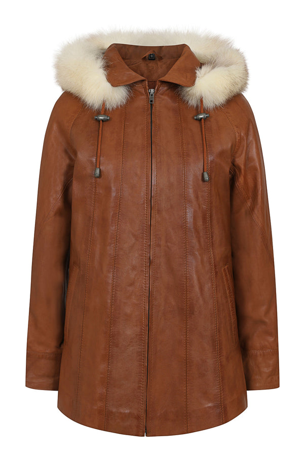 Tan leather hip length coat with detachable fur hood, drawstring detail, by LLD Original. Available in sizes 8, 10, 12.