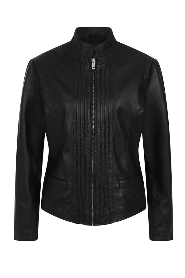 LLD Original black nappa leather jacket with standing collar and center zip, 22-inch length, available in sizes 8, 10, 12.